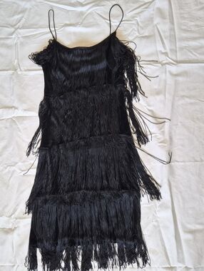 Vintage Black Fringe Slip Dress Velvet Flapper Dancing Spaghetti Strap